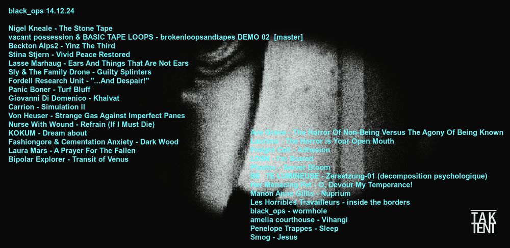 The image displays a list of music tracks and artists, presented in a stylized format. The background features a faded, abstract design, enhancing the text's visibility. The header reads "black_ops 14.12.24" and "TAK TENT" is prominently displayed at the bottom.