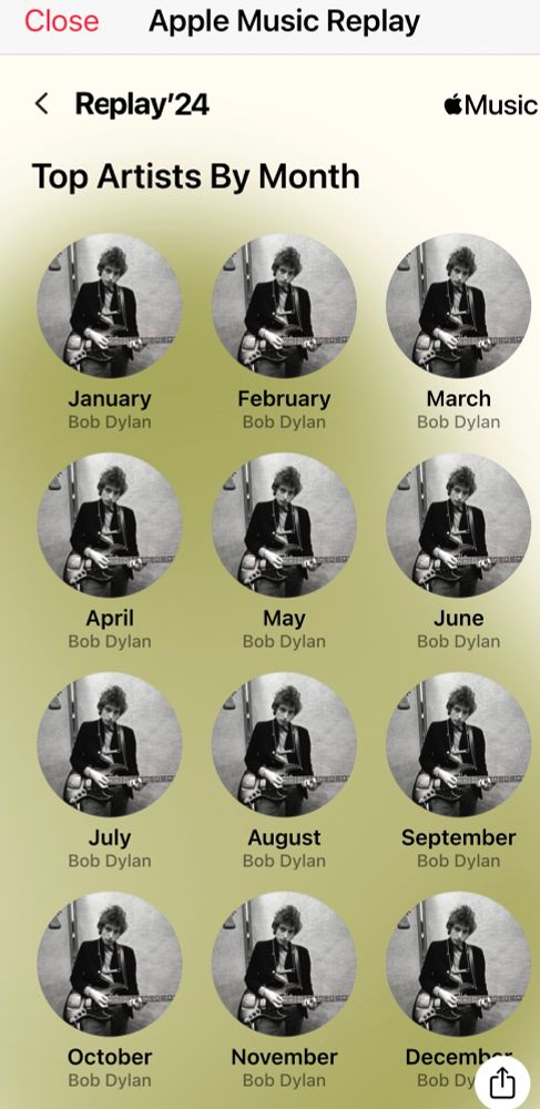 Shows Bob Dylan as my top artist on Apple Music for all 12 months of 2024 