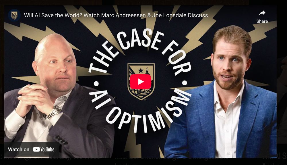 YouTube thumbnail titled "Will AI save the world? Watch Marc Andreessen and Joe Lonsdale discuss." The case for ai optimism.