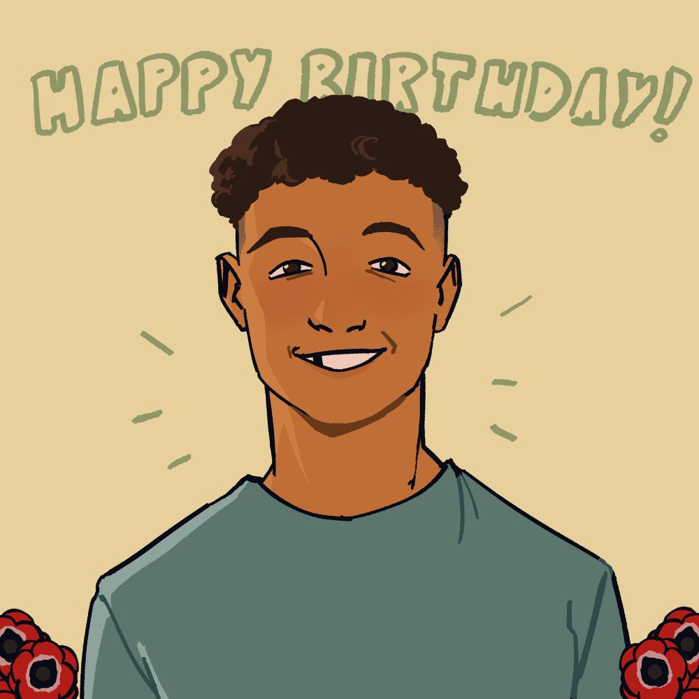 A drawing of my friend hamada smiling in a green sweater captioned “happy birthday”