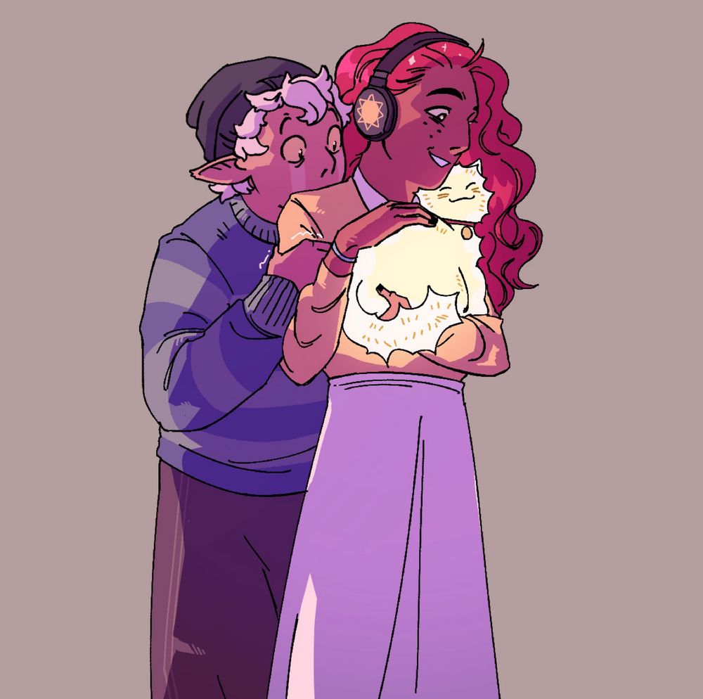 Matariel holding a star kitty and smiling while dantalion clutches their arm and looks on in fear