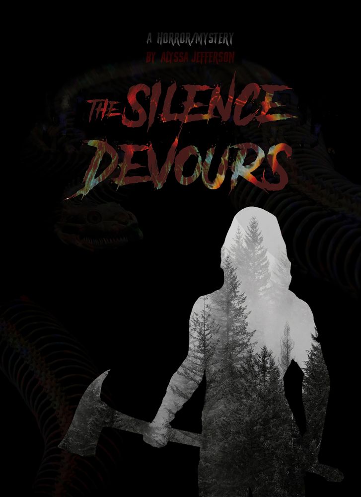 The poster for the my Horror/Mystery spec script, The Silence Devours.
An axe-wielding woman's silhouette as she faces something twisted back around to face her in the darkness.