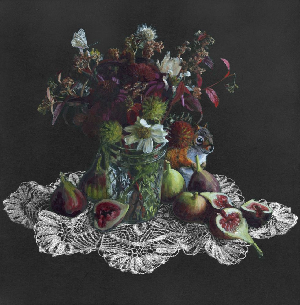A faceted glass jar of flowers and seed pods in autumnal colors rests on an antique lace doily.  The jar is surrounded by figs.  A red squirrel peeks out at the viewer.