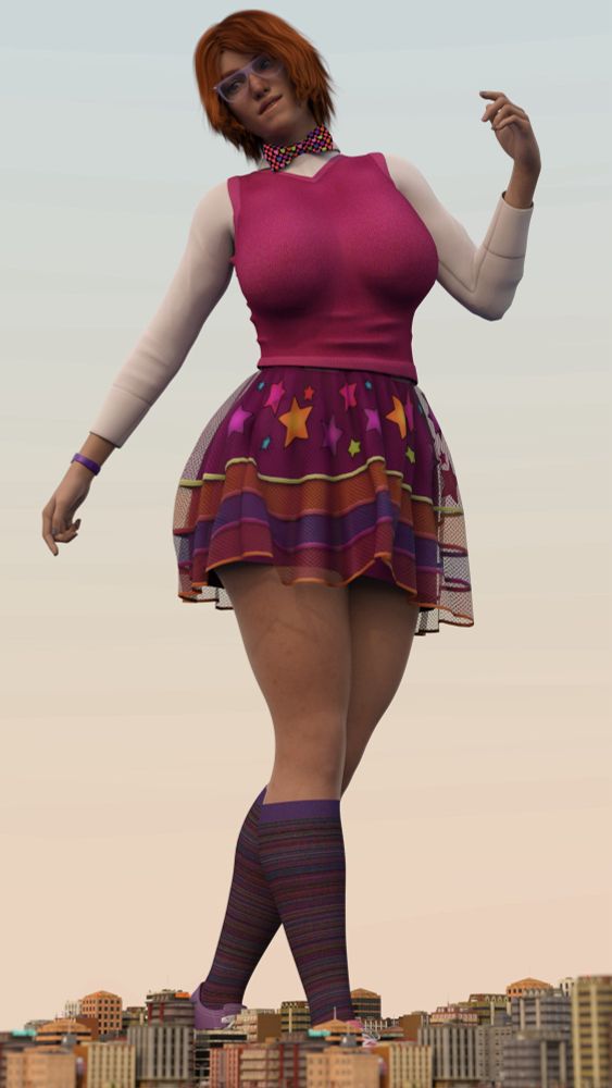 A giantess walks through a city, the buildings barely reaching her ankles. She is cute and nerdy with short red hair and glasses. She is wearing a pink sweater vest over a white button down with a polka dot bow tie. Her skirt has purple, pink, and orange stripes with with multi colored stars at the top. She has purple knee high socks and pink converse.