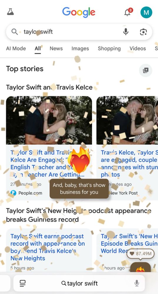 confetti bursting over search results of taylor and travis engagement. burning heart emoji says “and baby that’s show business for you”