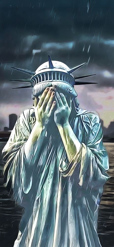 An illustration of the Statue of Liberty weeping in New York Harbor