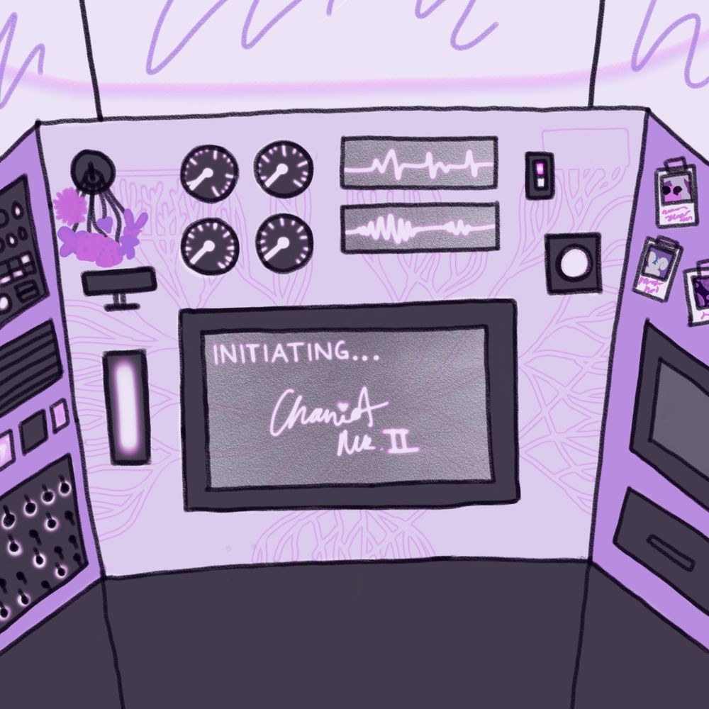 a pink and purple mech cockpit. the display monitor reads "initiating... chariot mk ii" 