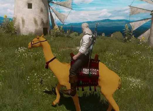 Geralt of Rivia riding a camel instead of a horse.