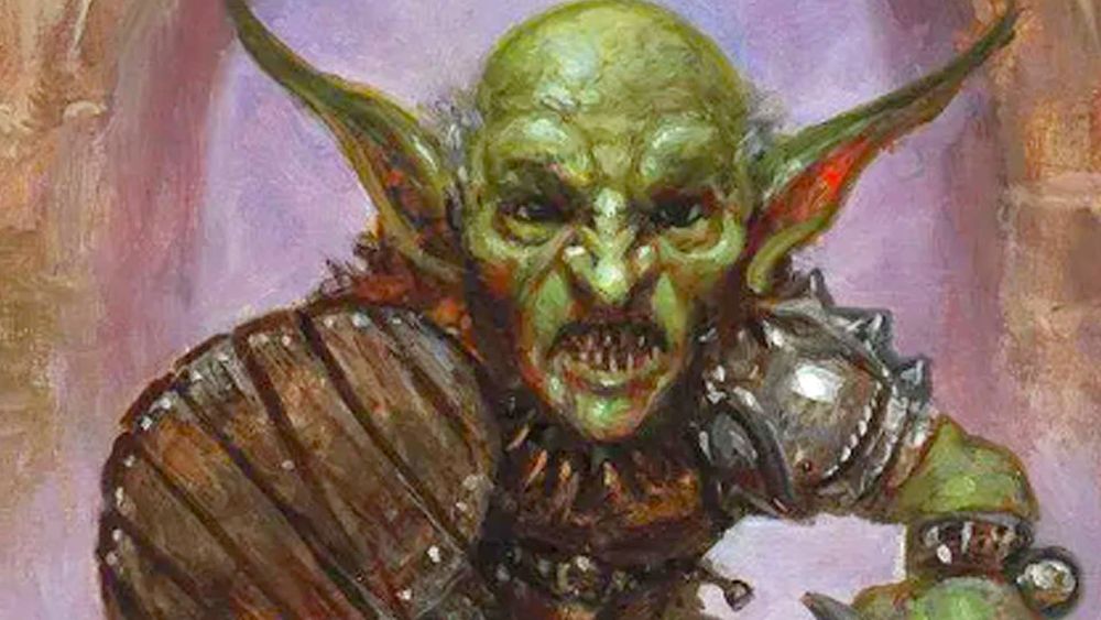 pintura de um goblin verde com orelhas bem longas, cara de bravo, nariz grande e dentes pontudos, ele tem uma ombreira de metal e um escudo de madeira