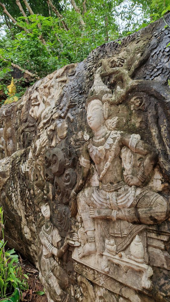 Stone carving details in Tham Phra Temple along Mekong River near Vientiane, Lao. 
