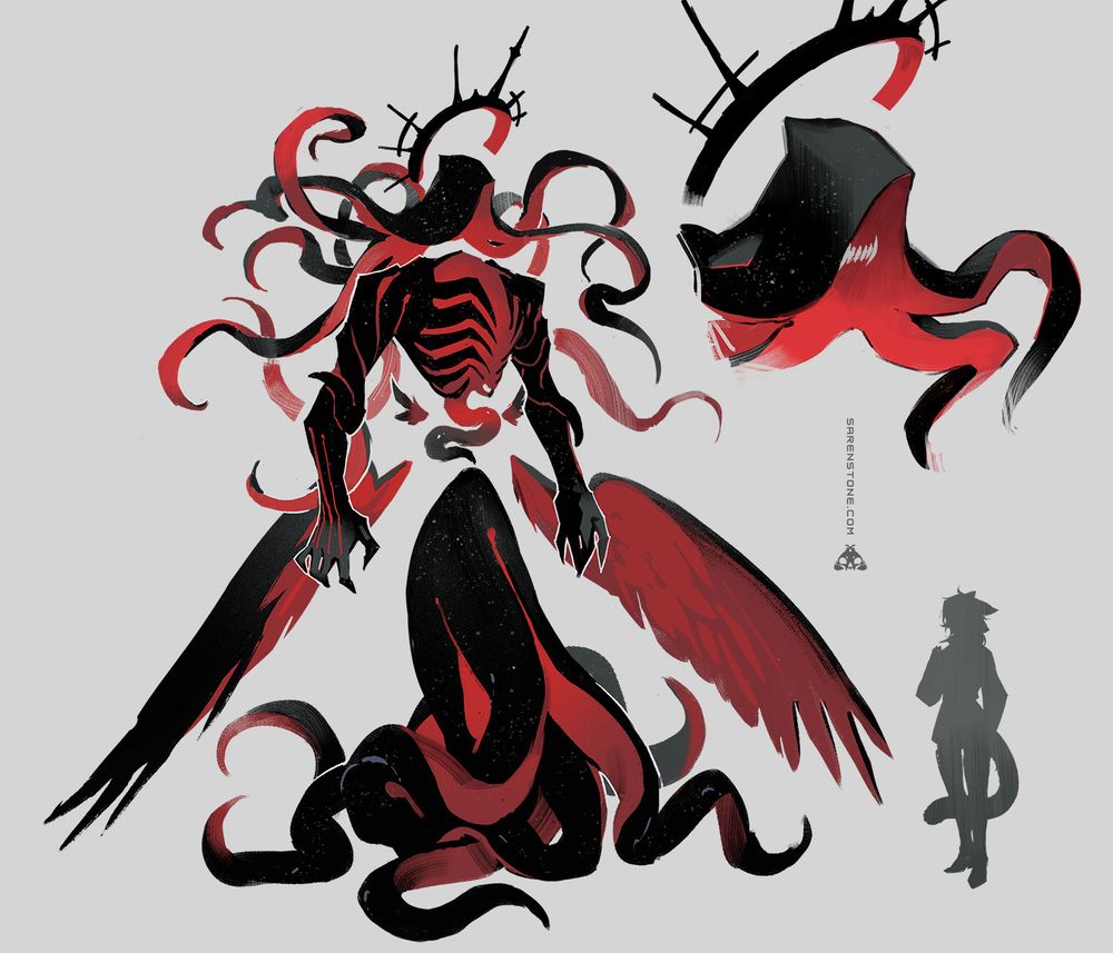 A character sheet depicting a voidsent Criticality from before he made a deal with Mhach - his true form, and his form in the 13th. A tall, dark entity with faint glittering stars in its myriad tendrils and strikiing red accents. A closeup of the 'hood' revealing fangs is in the top right, and an Adra silhouette for scale in the bottom right. 