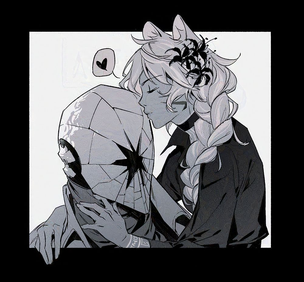 Adra with their arms around Crit, giving him a small peck on his helm.