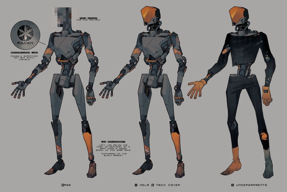A character sheet depicting a robot in various stages: base, + helm and neck cover, + undergarments. Captions read: Face hidden for his privacy. Manufacturer Logo: roughly scratched out but still legible. Leg Replacement: left leg below the knee is replaced by a part from a newer model of his same make. Purchased on the black market.