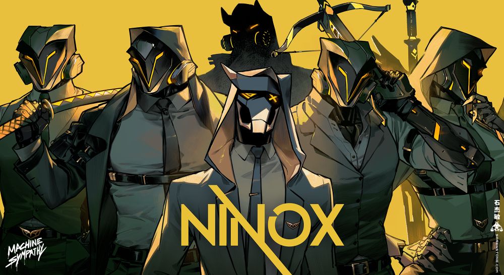 An illustration of a gathering of snappily dressed robots on a bold yellow background. In the front is a bot in a hooded suit and horns, flanked by various bots wearing identical owl masks and armed with various weapons. In the back is a silhouetted figure, obscured by the lighting. NINOX is printed in fractured and embellished sans-serif. 