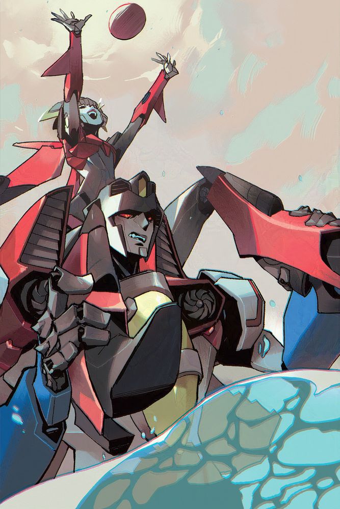 Windblade from IDW Transformers sits on Starscream's shoulders, who is waist-deep in crystal clear waters. She is joyfully bouncing a ball back to an unknown source, while Starscream looks predictably irritable, probably complaining about something.