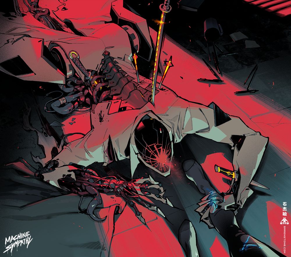 A picture of Crit crawling toward the viewer (Adra) on the floor, his claws wrapped tightly around their calf. Illuminated from behind by a bold red light, he is brutally wounded and riddled with weapons.