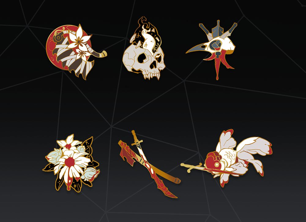 An array of enamel pins available. From left to right: Bloodborne's Saw Cleaver, Madman's Knowledge, Crow Hunter, Coldblood Flower, Chikage, Sword Fish