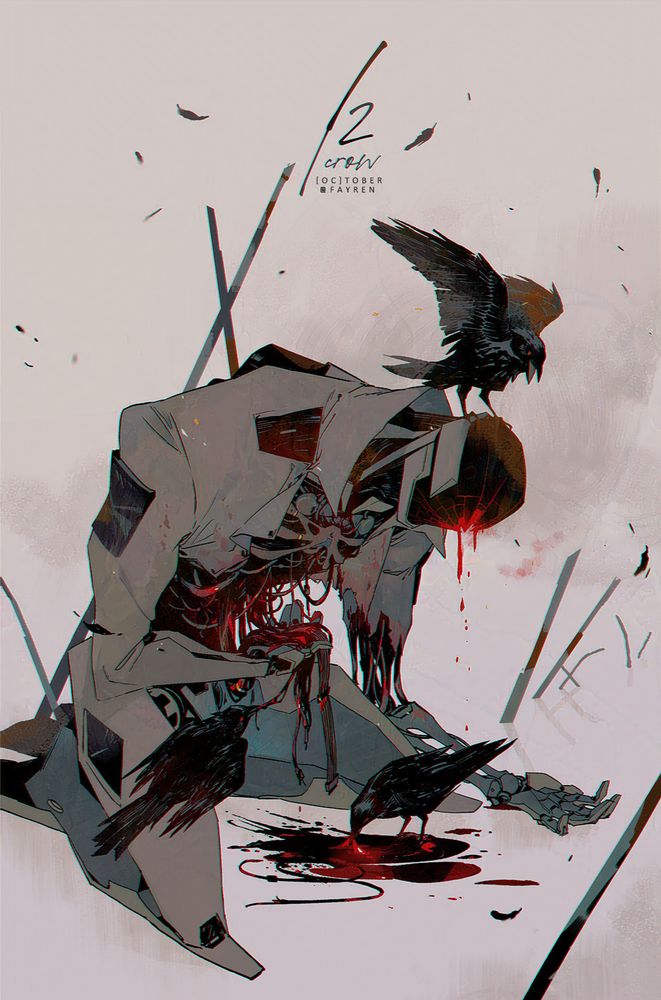 Criticality kneels amongst a field of gray, surrounded by broken rebar and hungry crows. He is severely wounded, blood dripping from his helm, and holds an ambiguous mass of his own internal gore in his hand— a mix of viscera and wires. 