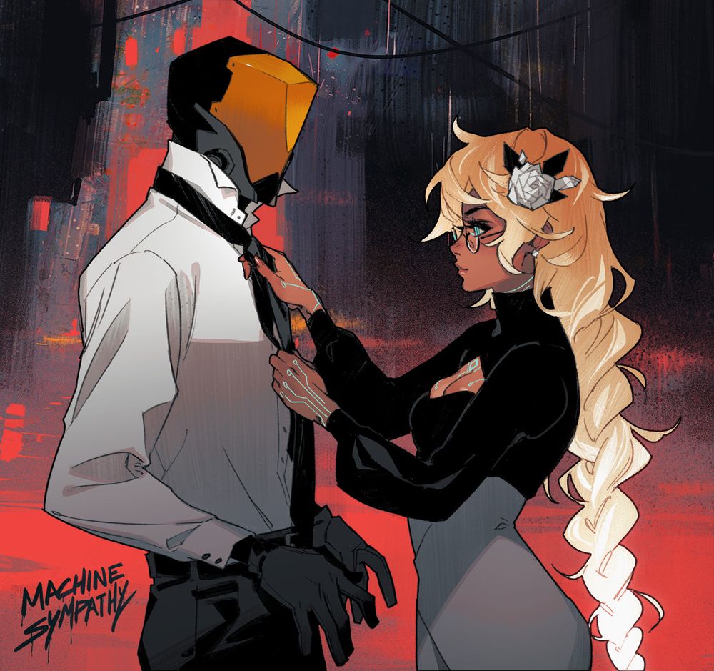 An illustration of Cheats and Adra. They are both dressed up for something, and Adra is assisting a helpless looking Cheats tie his tie. 