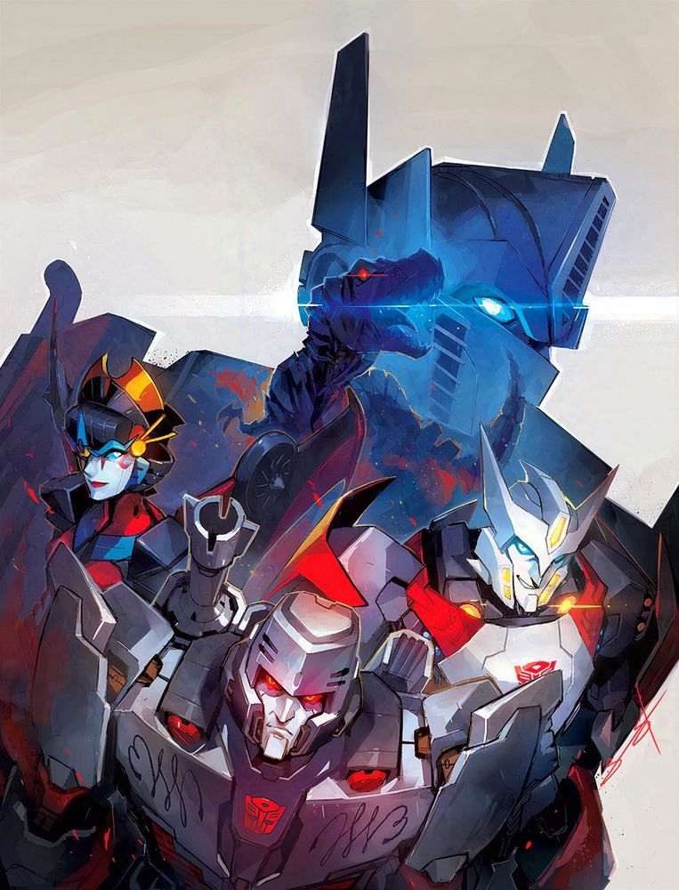 Illustration from IDW Transformers. Megatron, Drift, Windblade, and Grimlock are featured, framed within Optimus Prime's silhouette. 