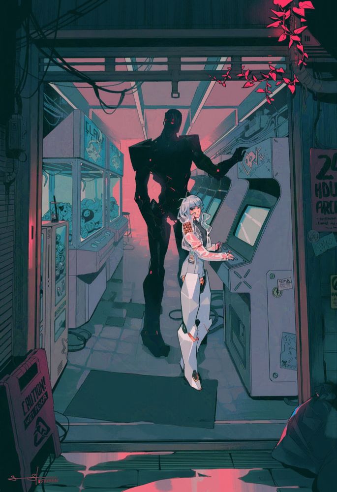 Two figures stand in an arcade. One, a cyborg with white, geometric leg prosthetics. She wears white and a see through jacket. Behind her is a towering black robot, who has his hand resting on the box arcade machine. They both are looking at the viewer, as if they've stumbled in on their private time.