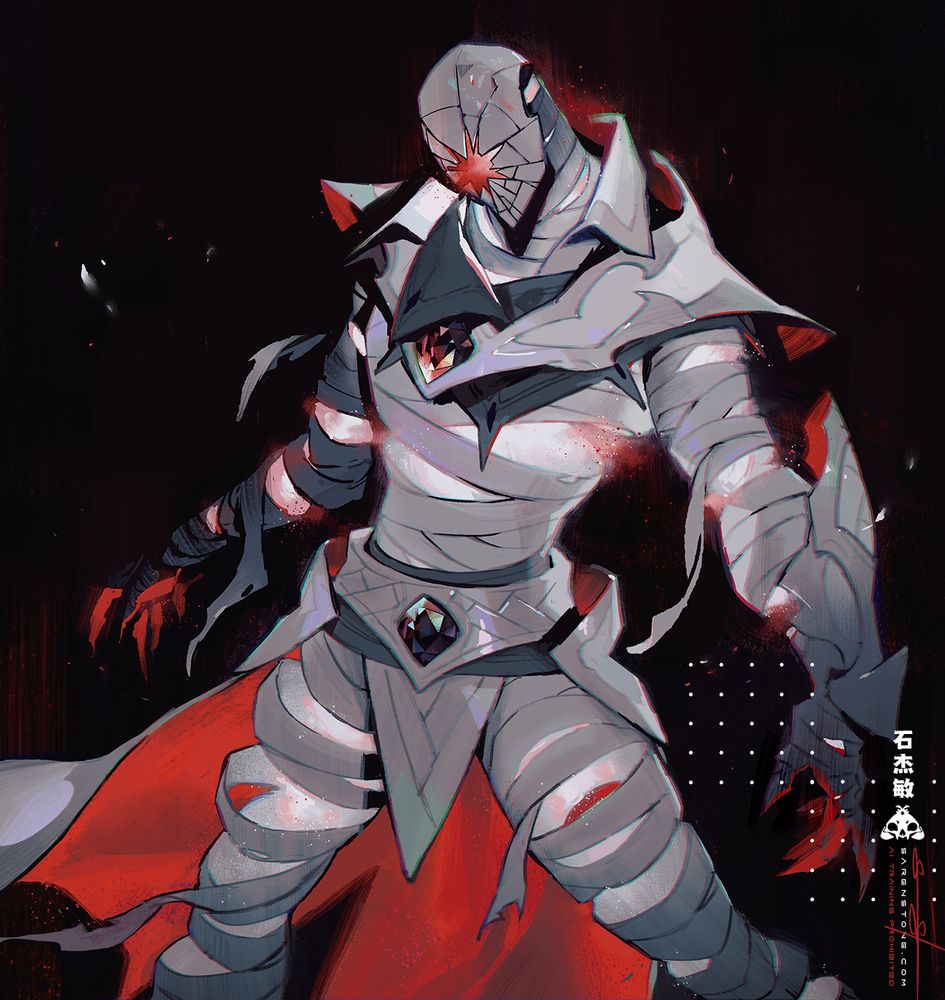An illustration of Criticality in a wow AU as an ethereal, primarily in monochromatic tones and a striking blood red.