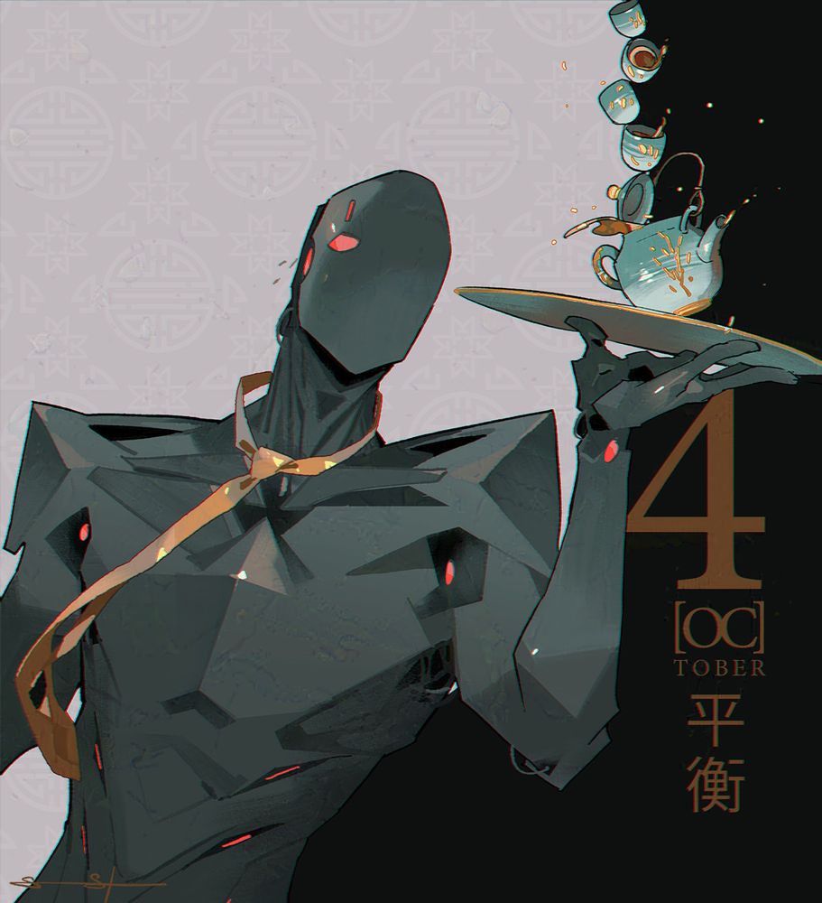 Valence, a slick black robot with red eyes and a sweet expression, is wearing a metallic gold tie while he balances a tray with a stacked, teetering ceramic tea set.