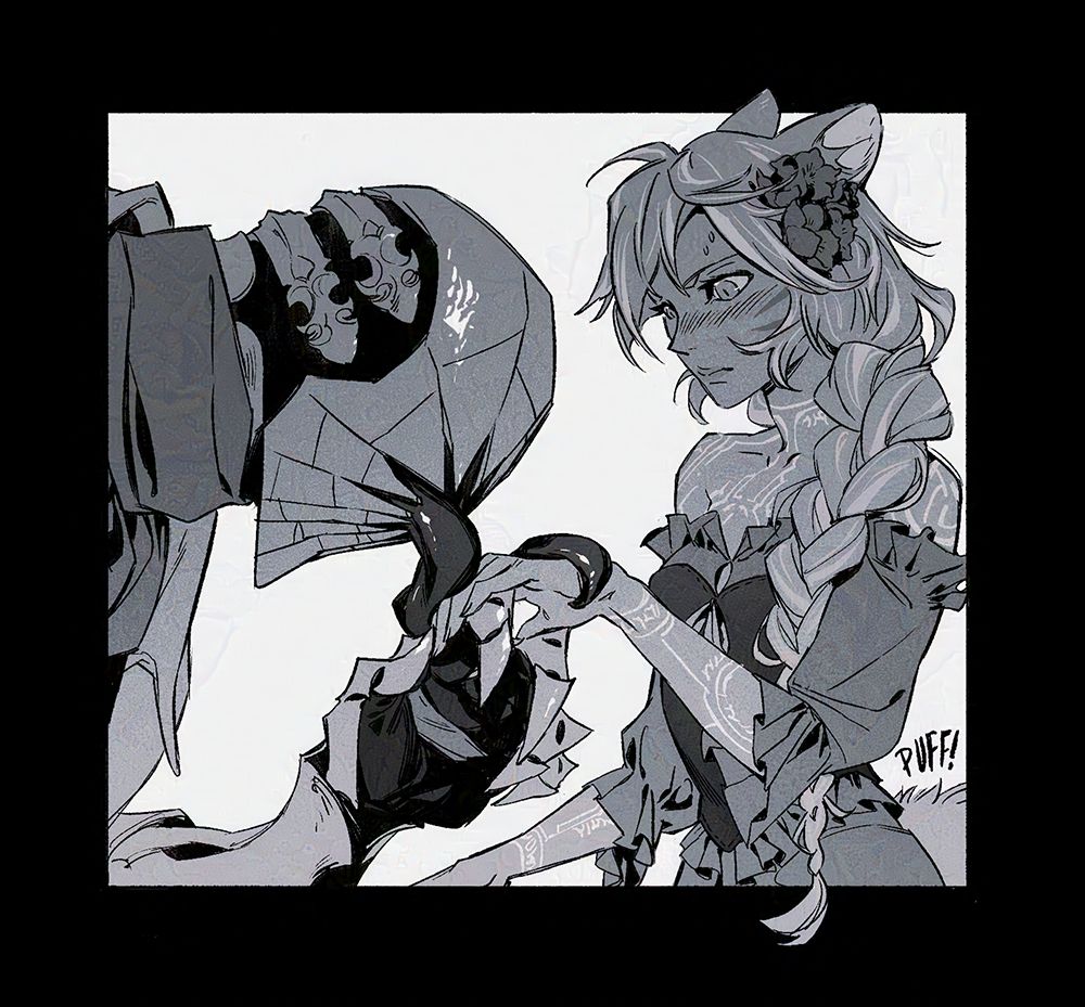 Crit kneeling down, his tongue emerging from the hole in his faceplate to lick Adra's hand as they blush, tail puffing.