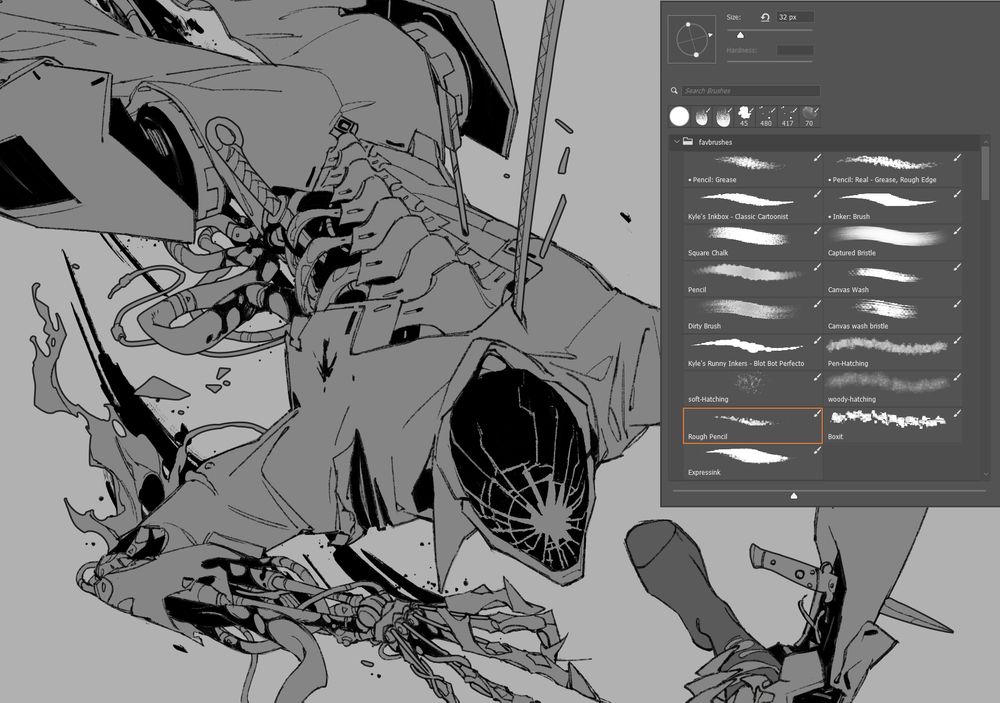 A work in progress screenshot featuring Criticality with grievous injuries, impaled by several weapons, his mechanical workings exposed and dragging on the floor. Barely visible is Adra's leg, which he clutches onto as he peers up at them with his inscrutable fractured helm. 