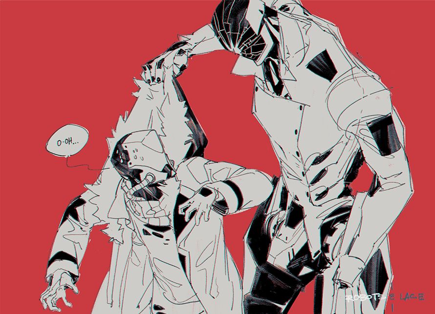 A sketch of two humanoid robots. One, a larger bot with a cracked helm, holds a smaller one by the hood of his fur coat. The smaller one is sweating (don't ask how) and is saying, "O-oh..."