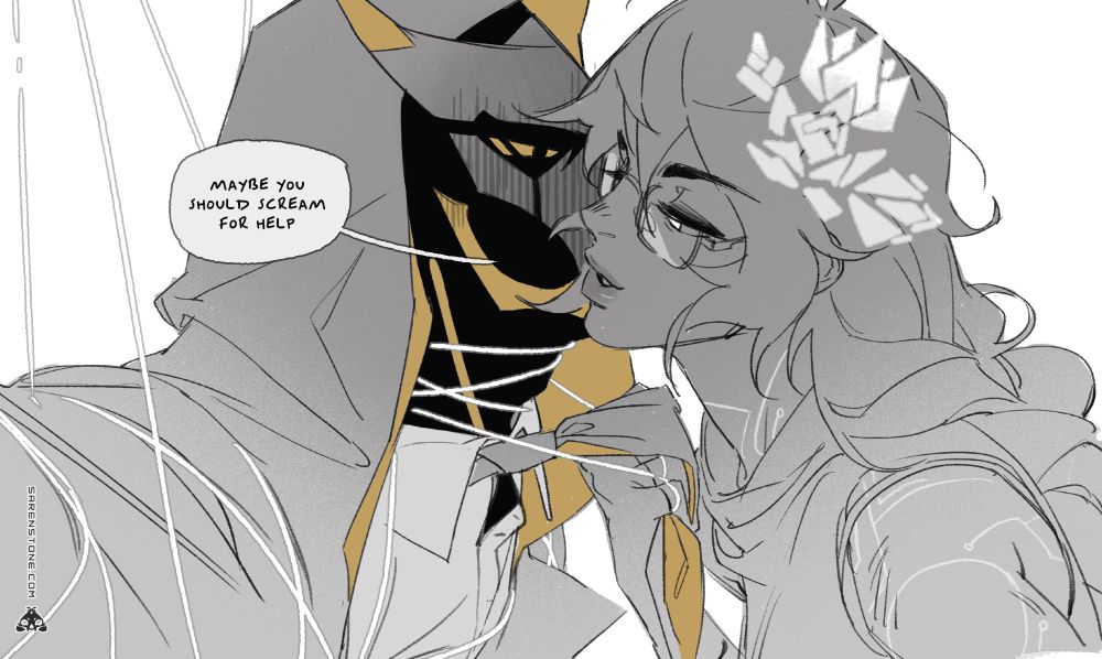 Adra pulling Book closer by his tie and the wire around his neck. They're whispering in his ear, "Maybe you should scream for help." 