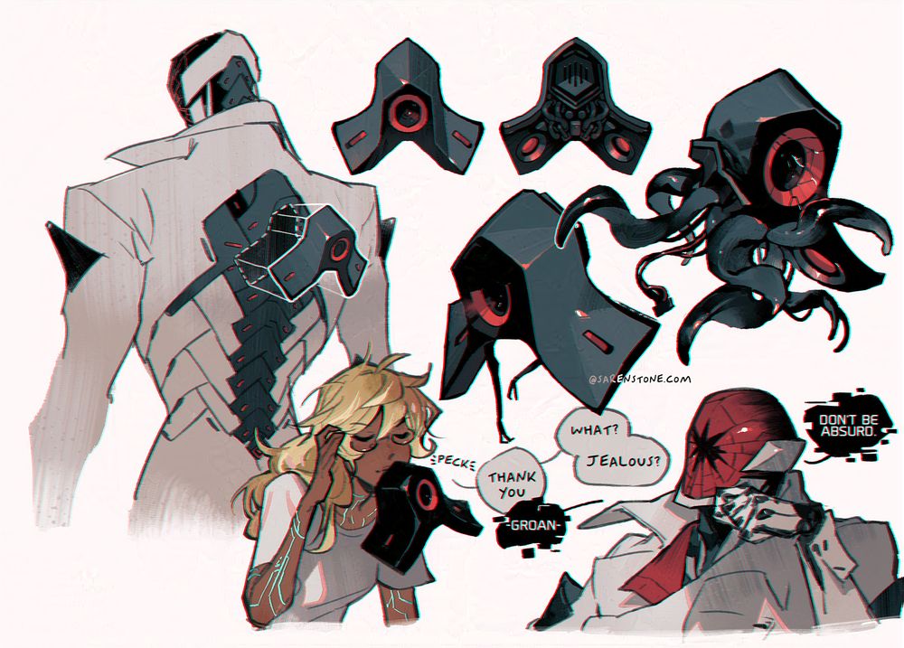 A character sheet detailing different angles of a drone shaped like one of a large robot's exposed vertebrae. In one image, Adra (they/them) gives it a little kiss, while Criticality (he/him) groans. They ask if he's jealous, to which he replies, "Don't be absurd." 