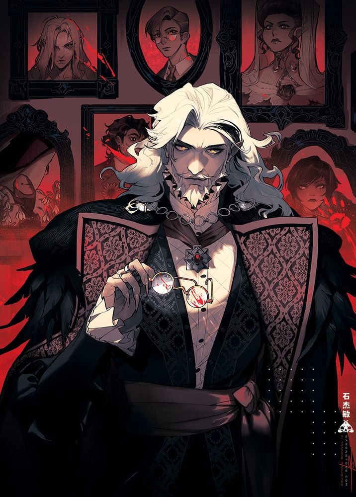 An illustration of Dracula from Drăculești holding a blood-spattered pair of glasses that are not his own. Behind him, portraits of many of the game's characters with ominous streaks of blood. 