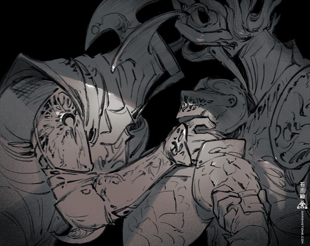 Elden Ring fanart in the form of a monotone sketch. Two Crucible Knights flank a smaller tarnished knight. One has his hand wrapped around the Tarnished's throat, while the other holds them by the upper arms from behind. It's all extremely sexually charged despite nothing explicit happening at all. 
