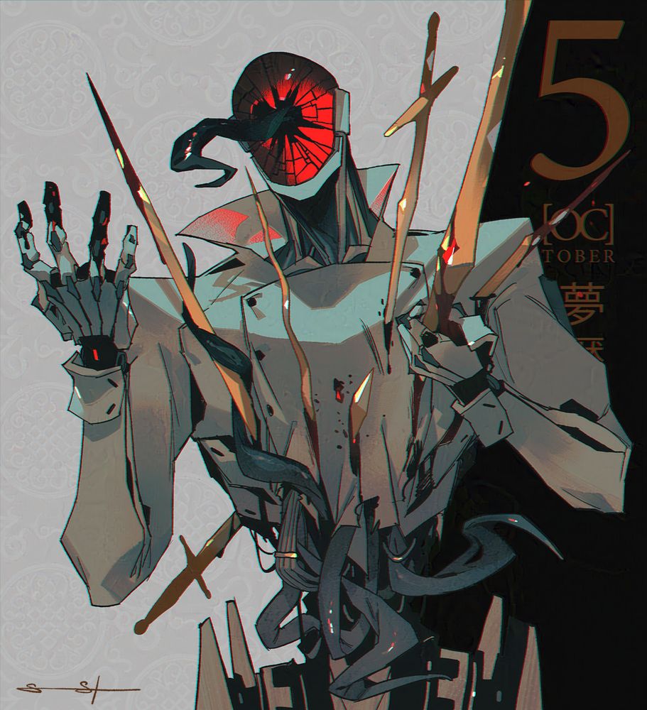 Criticality, an imposing robot with a shattered red faceplate and a white coat, is impaled by several gold swords. His midsection is gored, from which cables and mysterious black tendrils emerge.