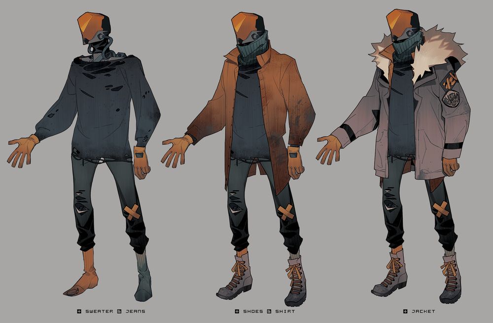 A character sheet continuation depicting a robot in various stages: + sweater and jeans, + shoes and shirt, + jacket.