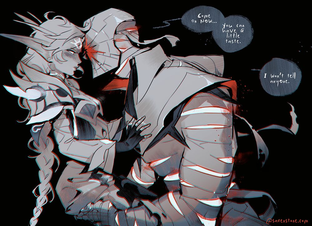 Criticality and Adrasteius in a World of Warcraft AU. Criticality is an ethereal, while Adra is a blood elf. He holds them in his arms, leaning in to their personal space while they purse their lips disapprovingly at him despite their blush. He coos, "Come on now... You can have a little taste. I won't tell anyone." 