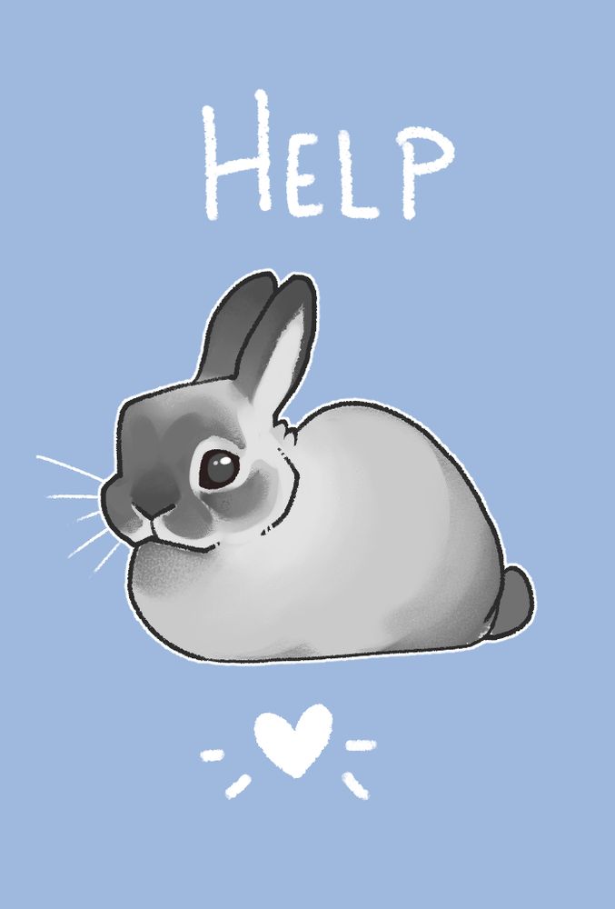 a simple doodle of my rabbit, Thumpette, loafing on a blue background. "Help" written above her, and a heart doodled below