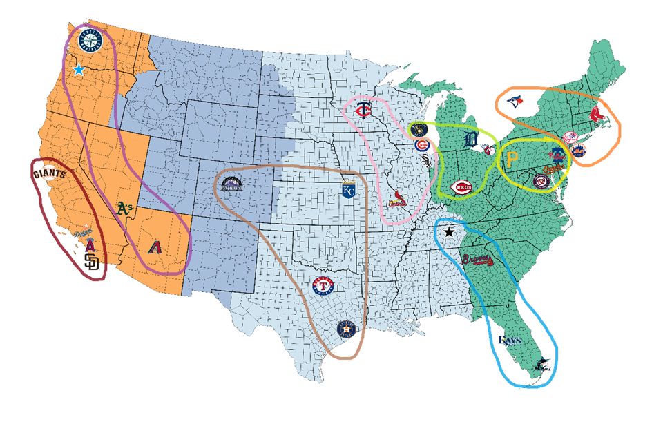 A map of the United States with time zones labeled and 32 MLB teams displayed (assuming Portland and Nashville expansion teams, A's in Las Vegas). 8 Divisions of 4 Teams are shown:

California:
San Francisco
Los Angeles Dodgers
Los Angeles Angels
San Diego

West:
Seattle
Portland
Las Vegas
Arizona

Central:
Kansas City
Colorado
Texas
Houston

Southeast:
Nashville
Atlanta
Tampa Bay
Miami

Midwest:
Minnesota
Chicago Cubs
Chicago White Sox
St. Louis

Great Lakes:
Milwaukee
Detroit
Cleveland
Cincinnati

Mid-Atlantic:
Pittsburgh
Philadelphia
Baltimore
Washington

Northeast:
Toronto
Boston
New York Yankees
New York Mets