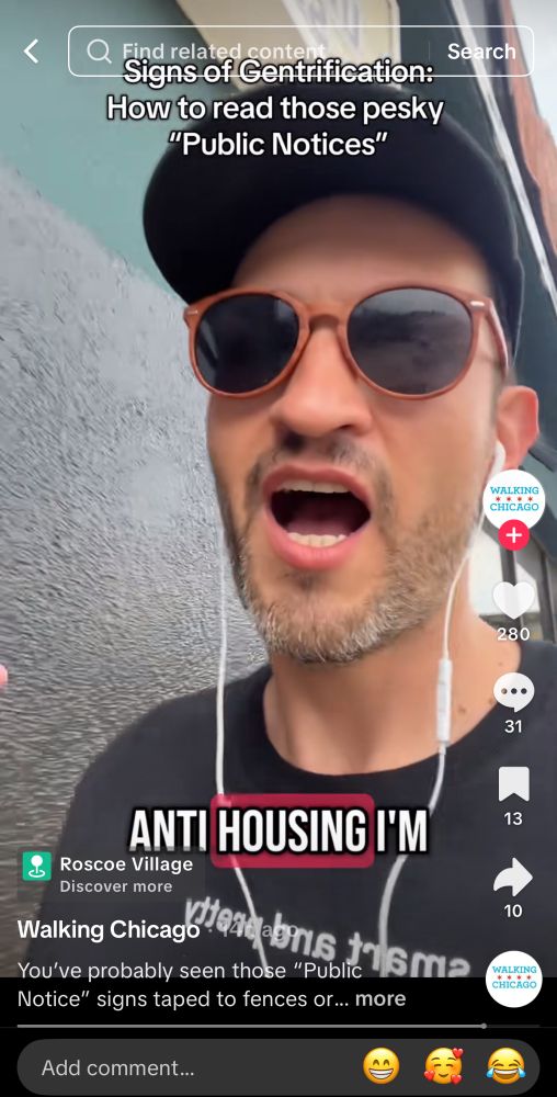 screenshot of a tiktok video from user Walking Chicago with the top caption "signs of gentrification: how to read those pesky 'public notices'" 