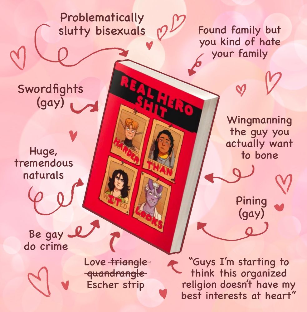 One of those book ads with the keywords and the loopy arrows aiming at the book. The text is as follows:
“Problematically slutty bisexuals”
“Swordfights (gay)”
“Huge, tremendous naturals”
“Be gay, do crime”
“Love triangle (crossed out) quadrangle (crossed out) Escher strip”
“Found family but you kind of hate your family”
“Wingmanning the guy you actually want to bone”
“Pining (gay)”
“Guys I’m starting to think this organized religion doesn’t have my best interests at heart”
