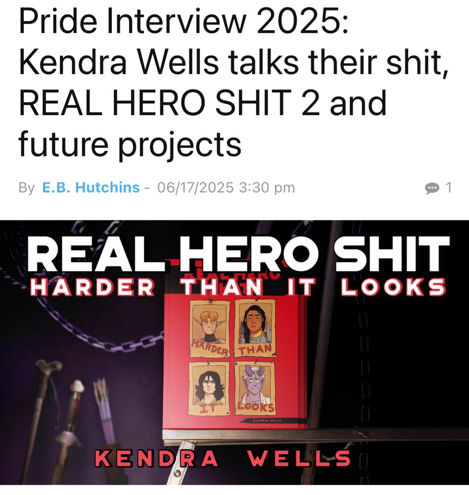 The header of the Comics Beat interview article, with the text: 
Pride Interview 2025:
Kendra Wells talks their shit, REAL HERO SHIT 2 and future projects
By E.B. Hutchins 