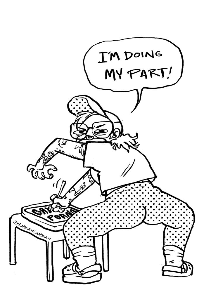 A self portrait of the author in a feral posture drawing on a tablet that just says "GAY PORNO". They are saying "I'M DOING MY PART" over their shoulder