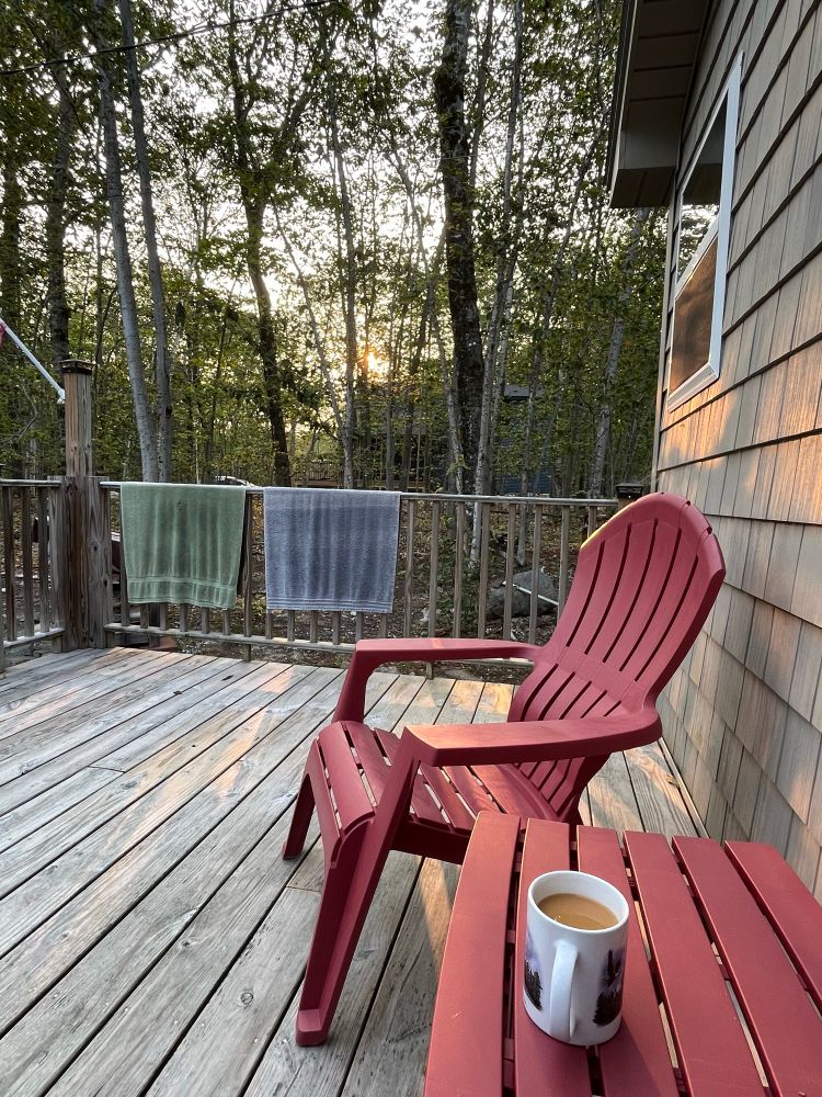 A very early morning picture of a sunrise in the woods on a cabin porch. 