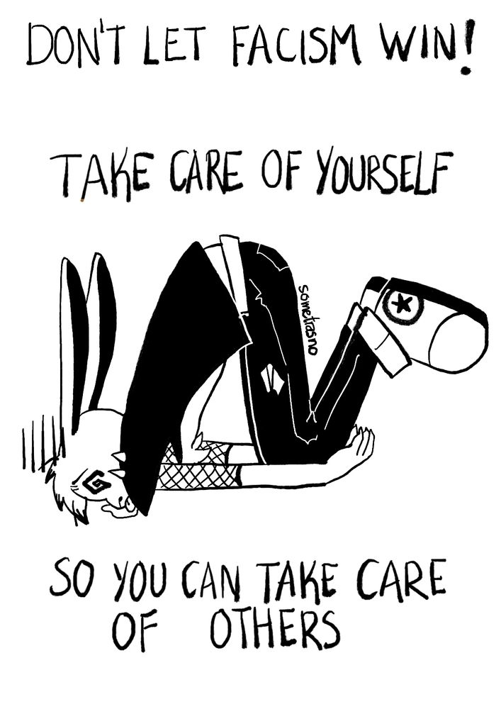 HotShot Hare crashed face down ass up on the ground. Top/bottom text reads: 'Don't let facism win! Take care of yourself so you can take care of others'