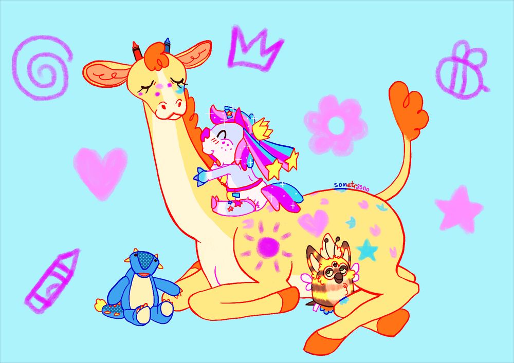 A digital cartoon drawing of a spotless giraffe (Canvas), a ungulate furry baby (Sterling), a bee themed furby and a blue dino plushie. Sterling is blotching color onto Canvas with his paws as he climbs on them. Sterling is light blue, and his mane and horse-like tail are blue, purple and pink. He has hooves, horns, and an ungulate nose, all a puple shade. His ears look like his hair, but they end in stars. He's wearing a diaper. The background is light blue with purple and pink cartoon scribbles.