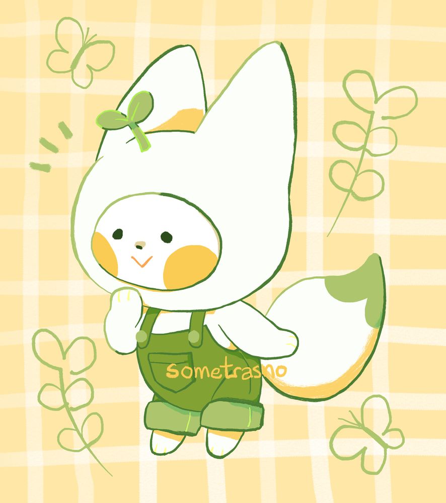 A digital cartoon drawing of a white creature wearing a white fox onesie with a green tipped tail and green overalls. He's facing the side, looking curiously with a hand under his mouth. The background is yellow plaid, with green nature scribbles.
