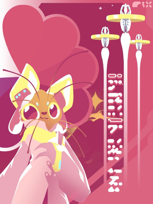 a technically valentine adjacent image that could also be some sort of space travel poster. a mamalian sophont in a sort of pilot assistant space garb presents stylistically represented space vessels highlighted by a transcript in one of the galactic languages