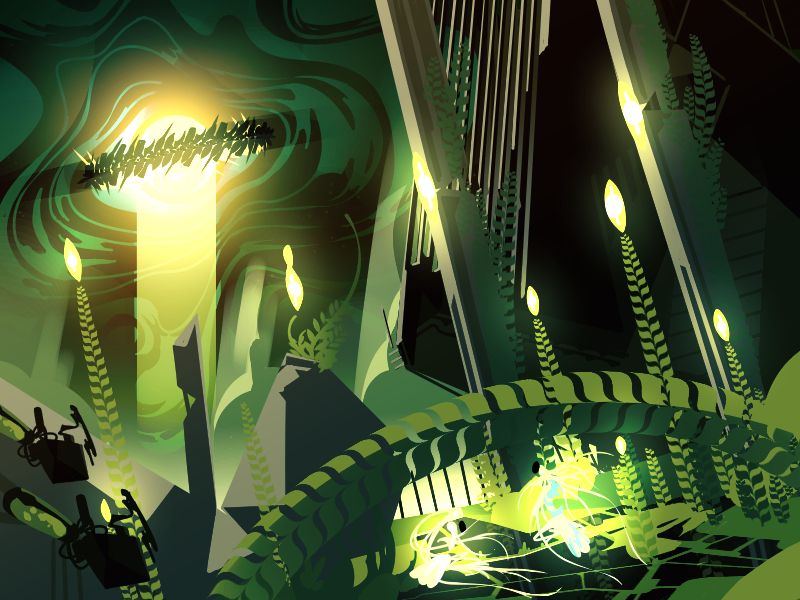 a crafted world megacity sprawling with magitechnological garden plants, tended to by spellcasting machines. two beings look into the local mutated sun, set to cast their power across the star system by the megastructure around it.