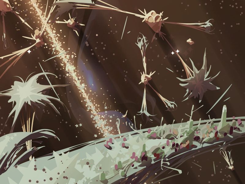 a vast stellar ring field illuminated by the star it orbits, as seen from within. its asteroids colonized by ancient star trees as part of the evolved space organisms. this particular star tree has a welcoming city built into one of its petals